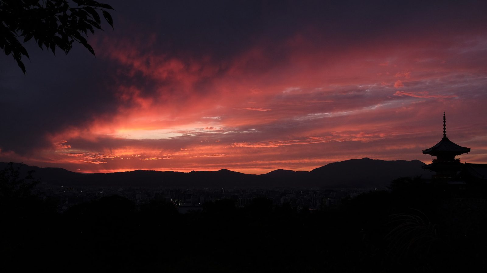 Sunset over Kyoto with pagoda silhouette